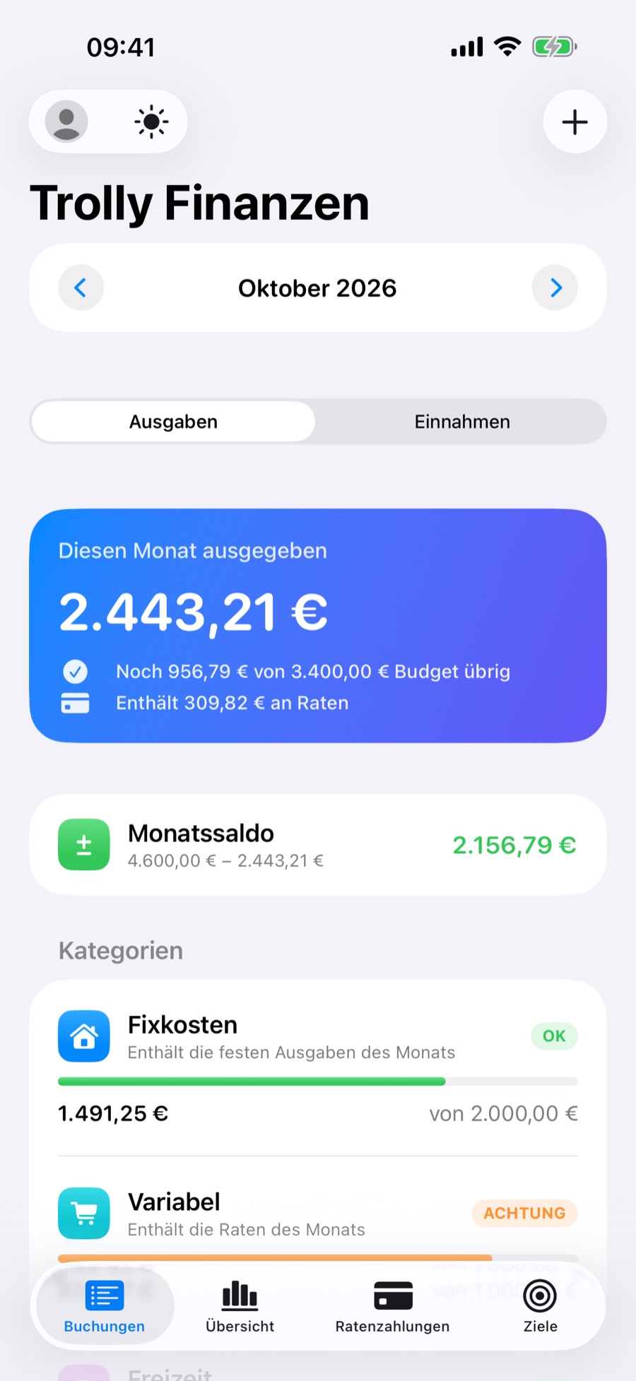 Tab Buchungen in Trolly: diesen Monat ausgegeben und die Kategorien Fixkosten, Variabel und Freizeit mit ihren Limits