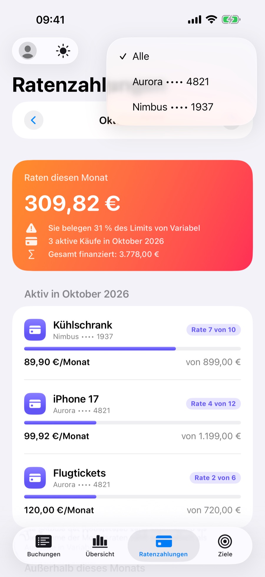 Tab Ratenzahlungen mit geöffnetem Filter nach Bank oder Karte