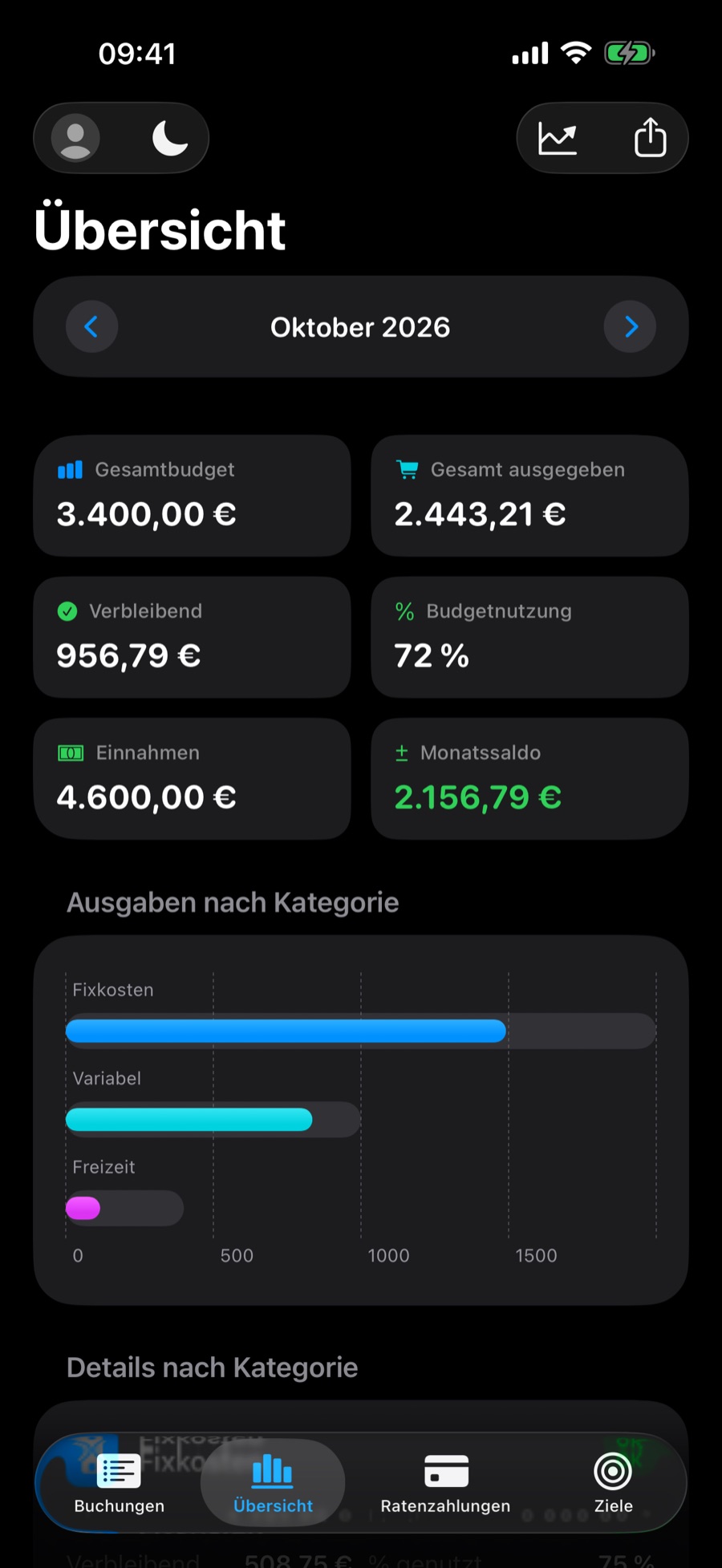Tab Übersicht im dunklen Modus, mit den Karten des Monats und dem Diagramm pro Kategorie
