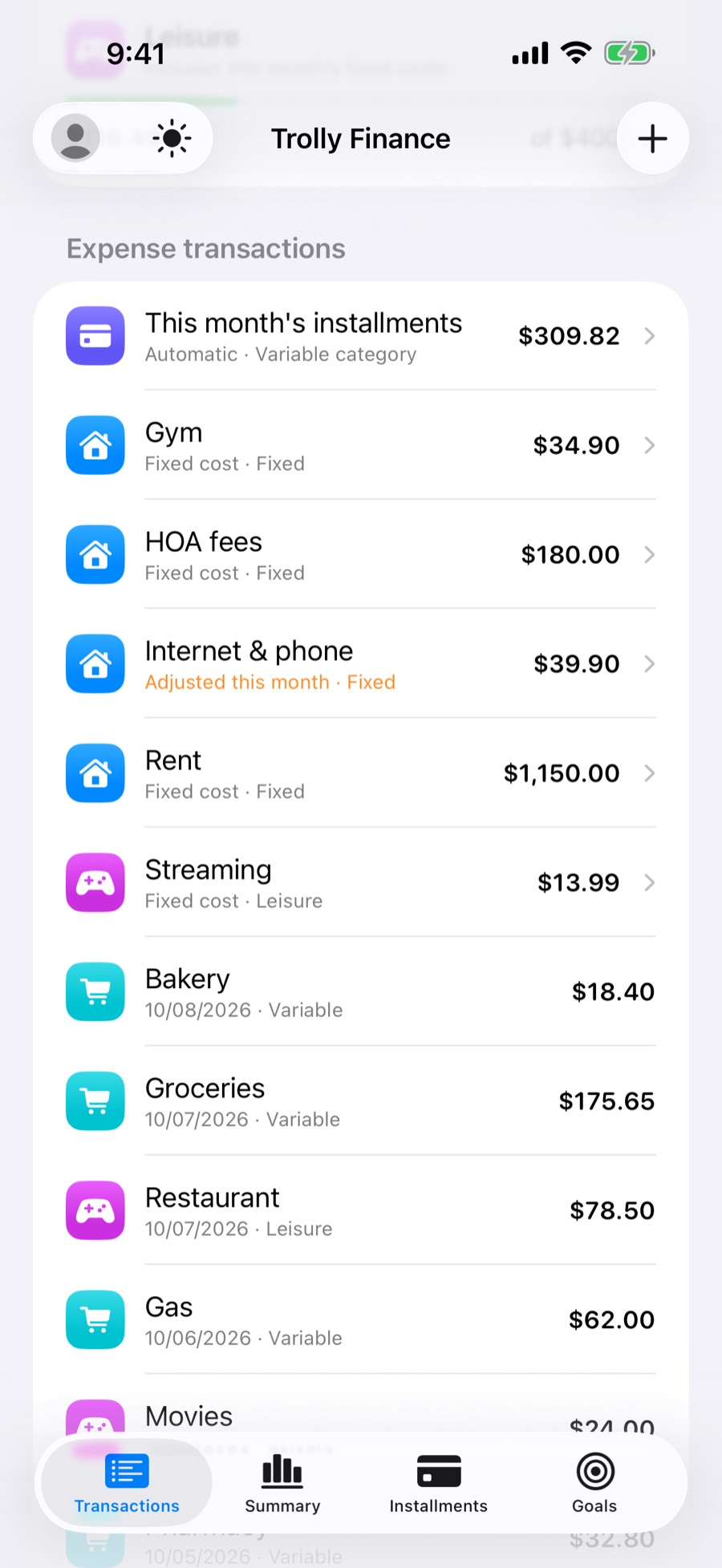 Transactions list with this month's fixed costs, one of them adjusted for this month only