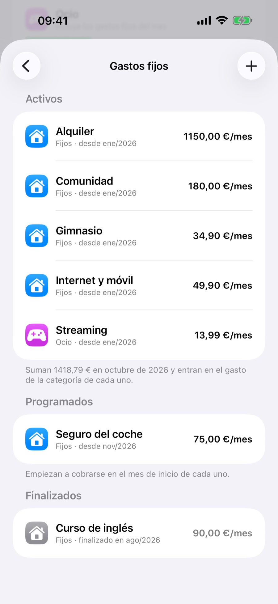 Pantalla de gastos fijos con las secciones Activos, Programados y Finalizados
