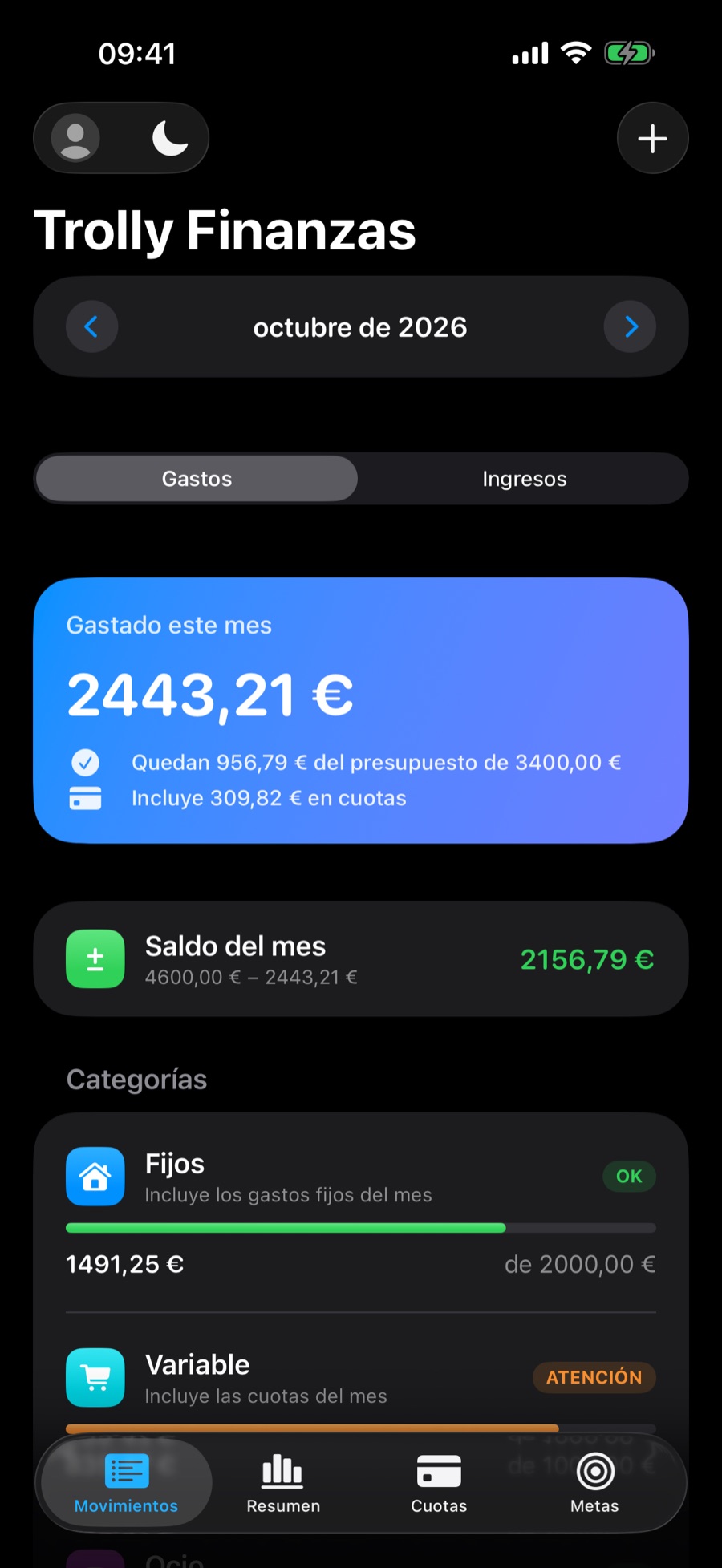 Pestaña Resumen en modo oscuro, con las tarjetas del mes y el gráfico por categoría