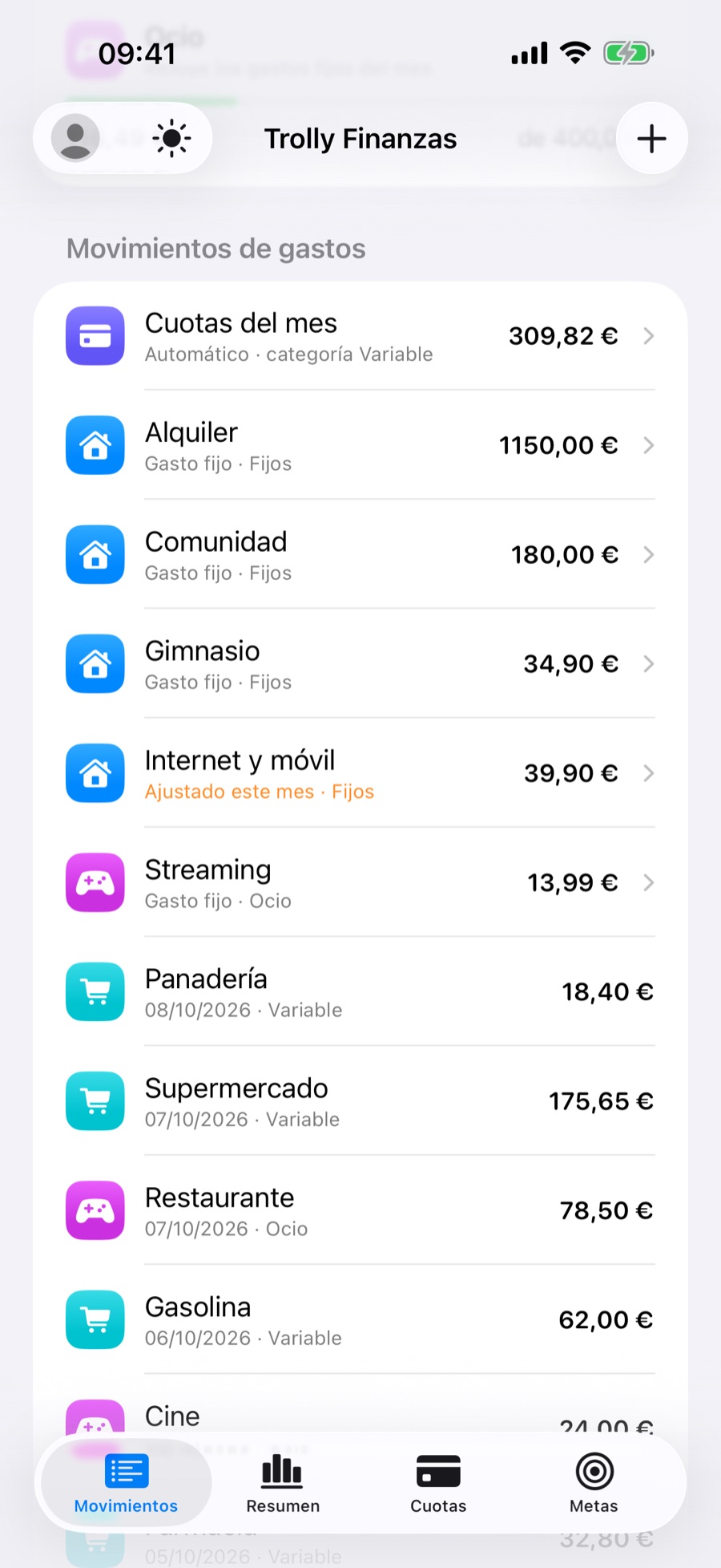 Lista de movimientos con los gastos fijos del mes, uno de ellos ajustado solo este mes