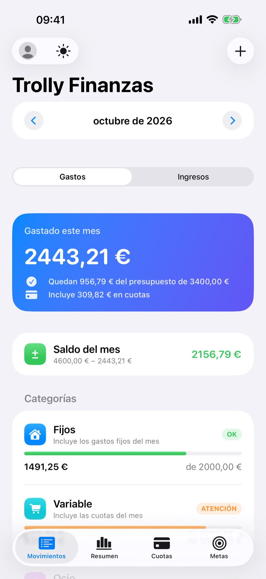 Pestaña Movimientos de Trolly: total gastado este mes y las categorías Fijos, Variable y Ocio con sus límites