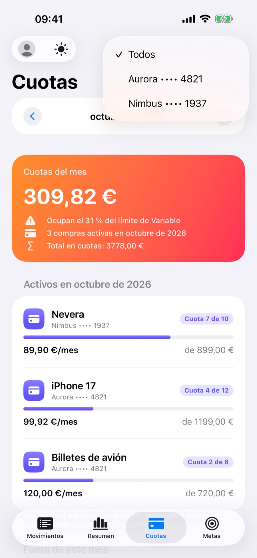 Pestaña Cuotas con el filtro por banco o tarjeta abierto