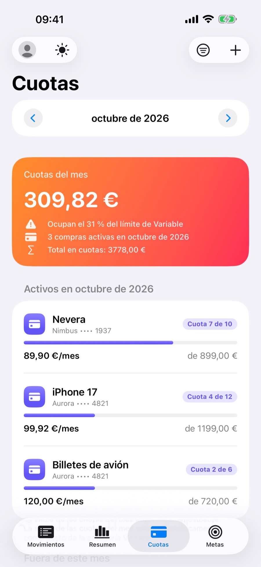 Pestaña Cuotas con las compras activas del mes