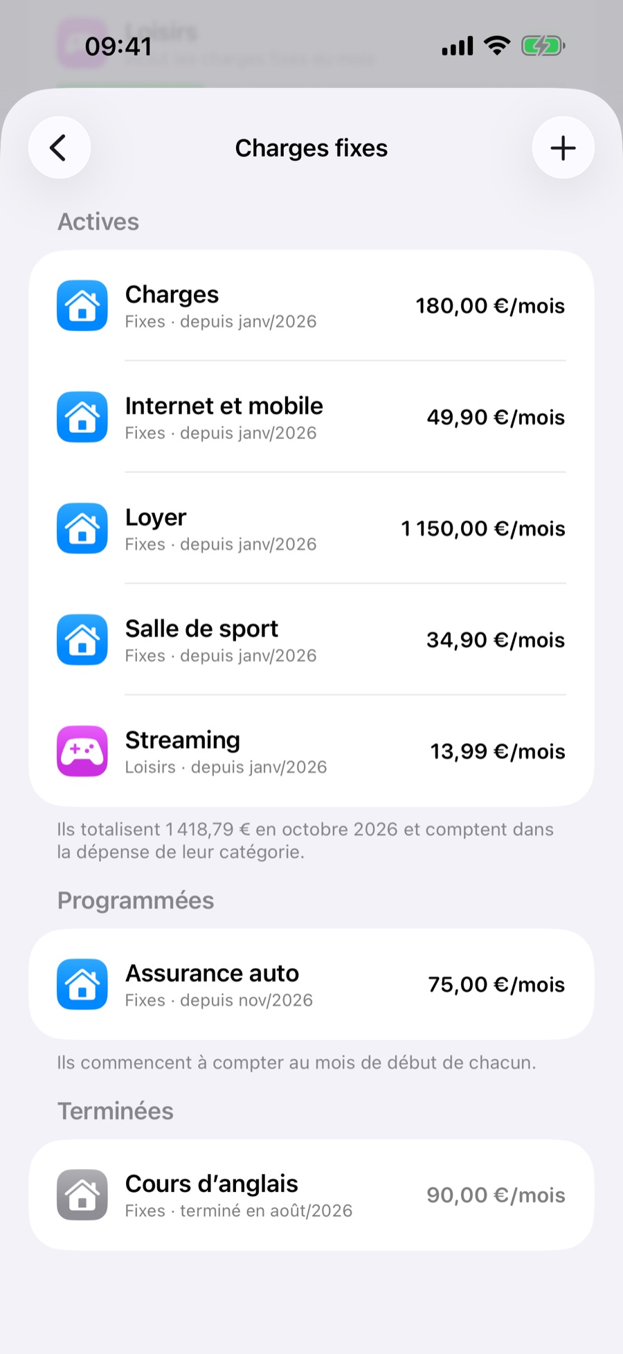 Écran des charges fixes avec les sections Actives, Programmées et Terminées