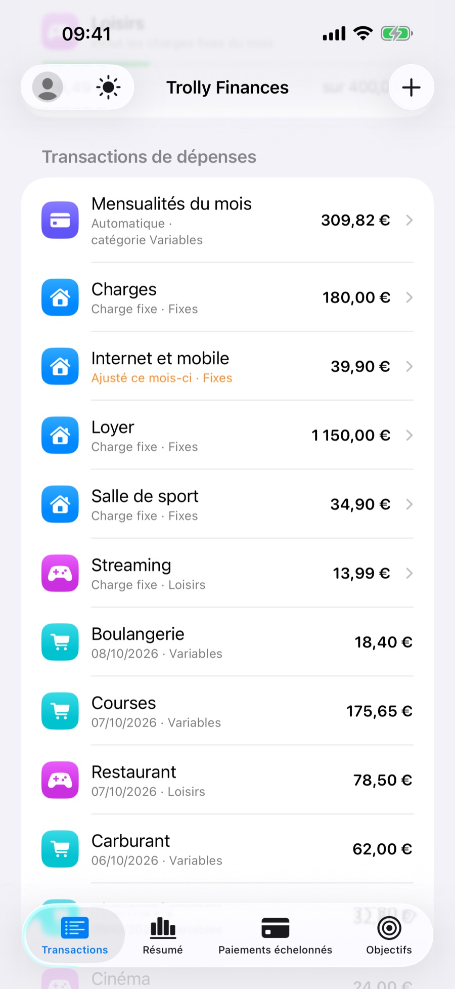 Liste des transactions avec les charges fixes du mois, dont une ajustée pour ce mois seulement