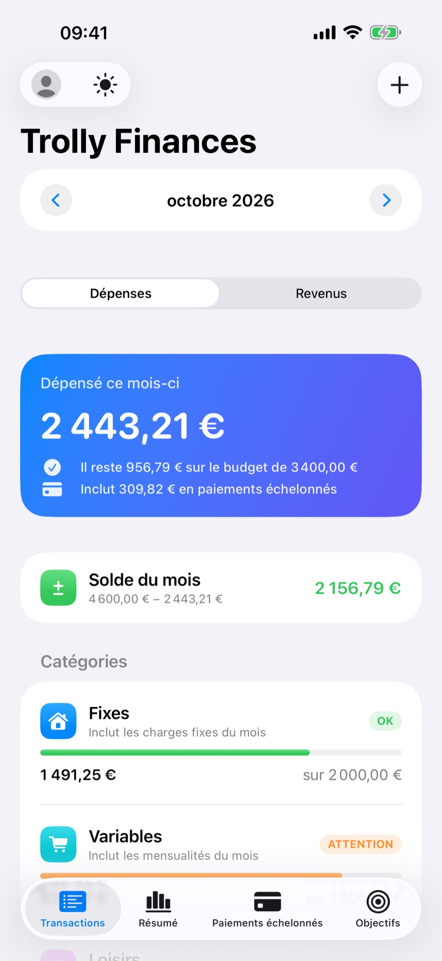 Onglet Transactions de Trolly : total dépensé ce mois-ci et catégories Fixes, Variables et Loisirs avec leurs limites