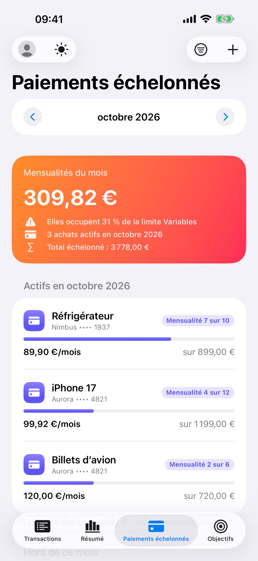 Onglet Paiements échelonnés avec les achats en cours ce mois-ci