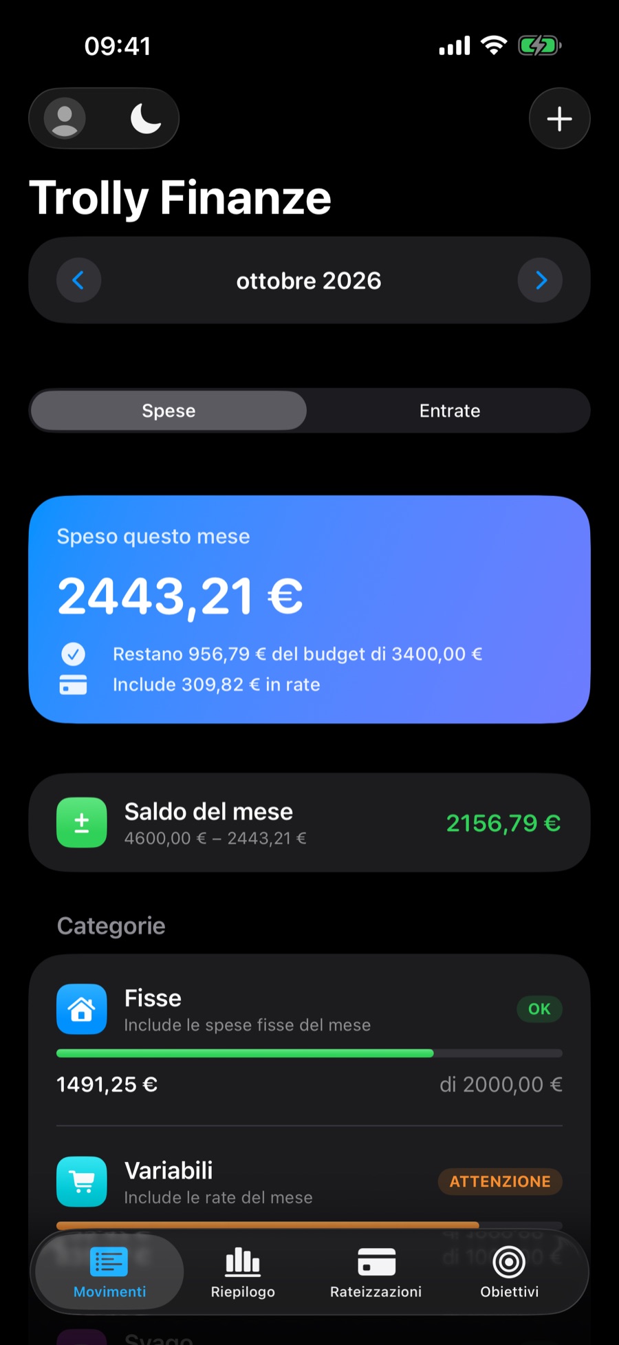 Scheda Riepilogo in modalità scura, con le schede del mese e il grafico per categoria