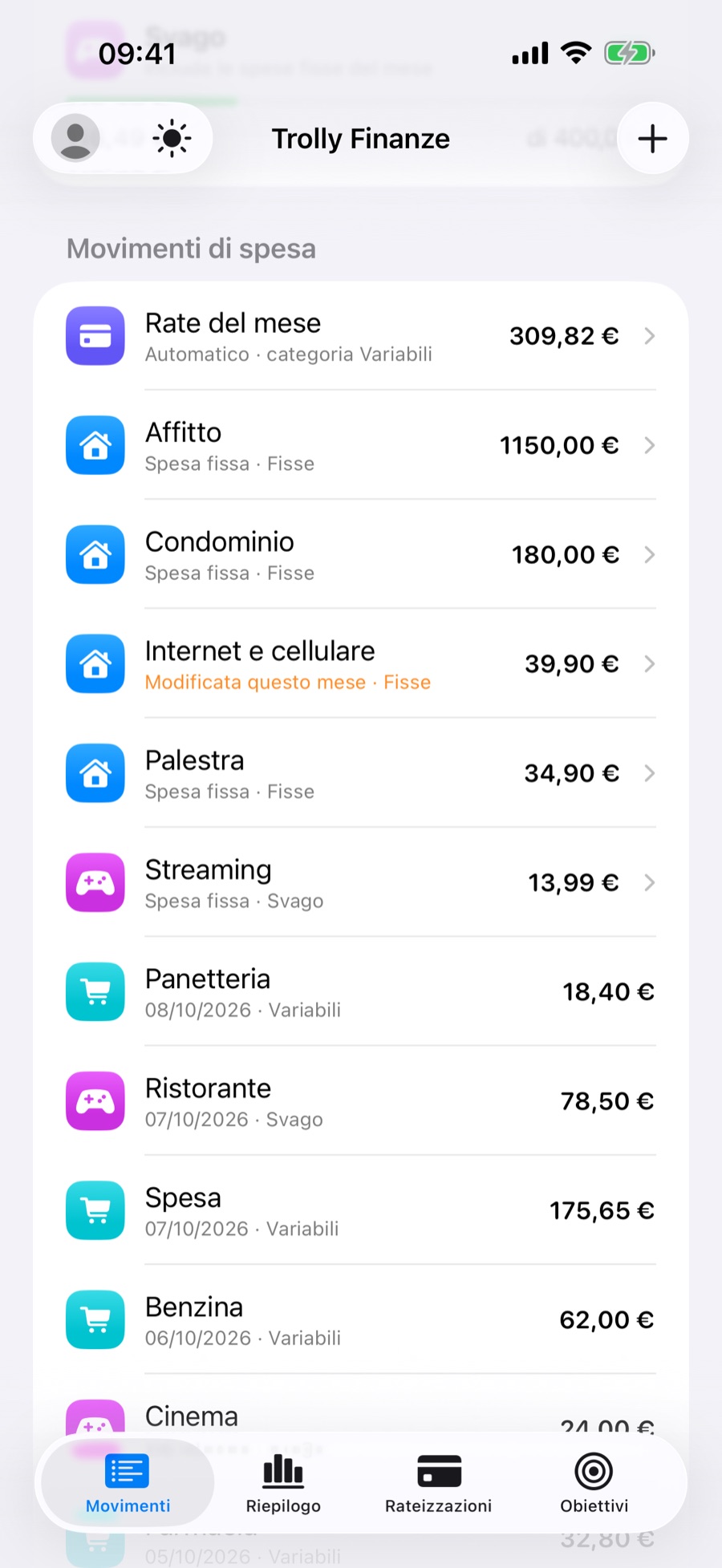Elenco dei movimenti con le spese fisse del mese, una delle quali modificata solo per questo mese