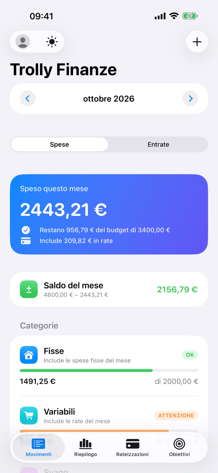 Scheda Movimenti di Trolly: speso questo mese e le categorie Fisse, Variabili e Svago con i rispettivi limiti