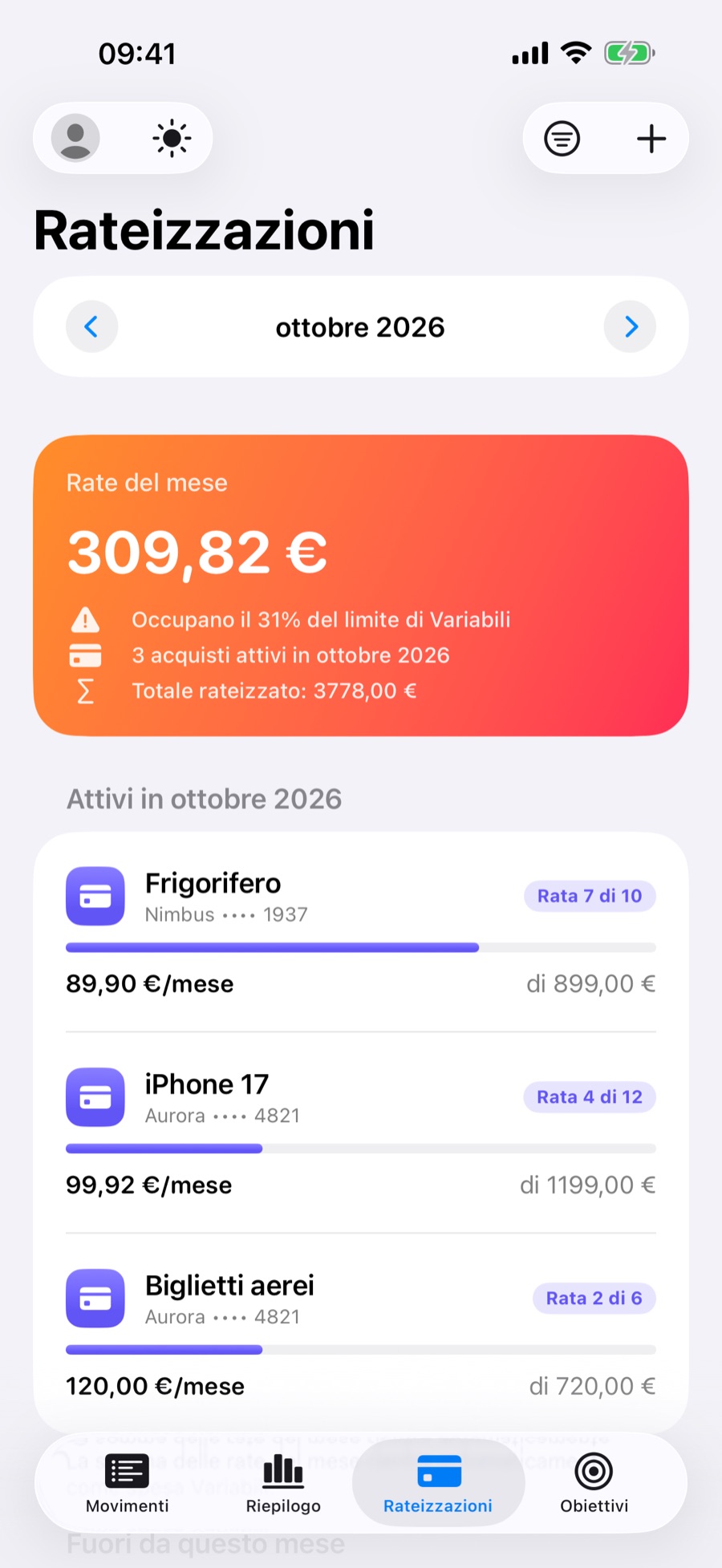 Scheda Rateizzazioni con gli acquisti attivi nel mese