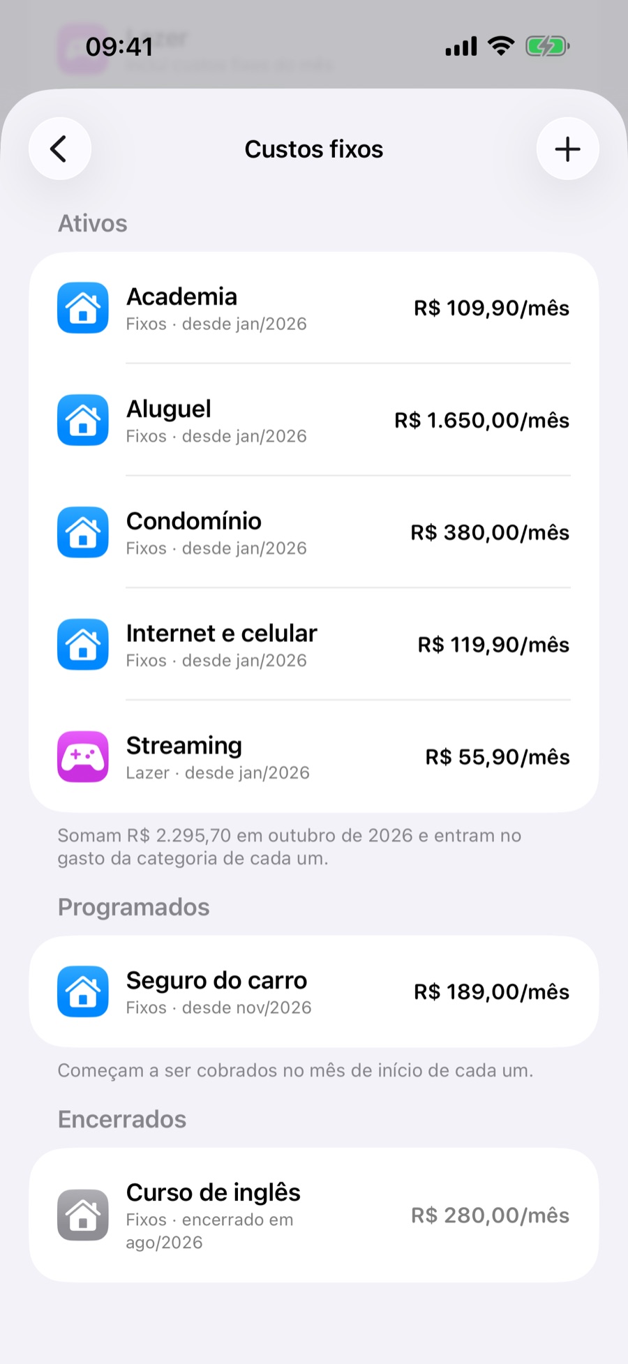 Tela Custos fixos com as seções Ativos, Programados e Encerrados