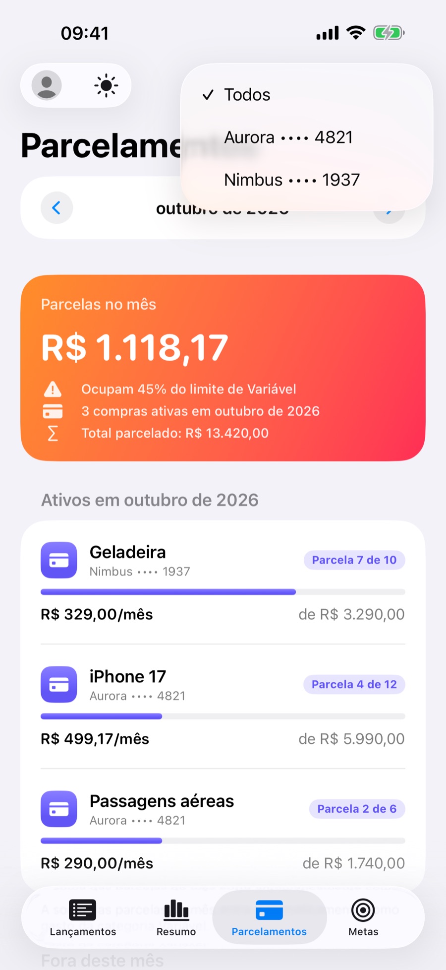 Aba Parcelamentos com o filtro por banco ou cartão aberto