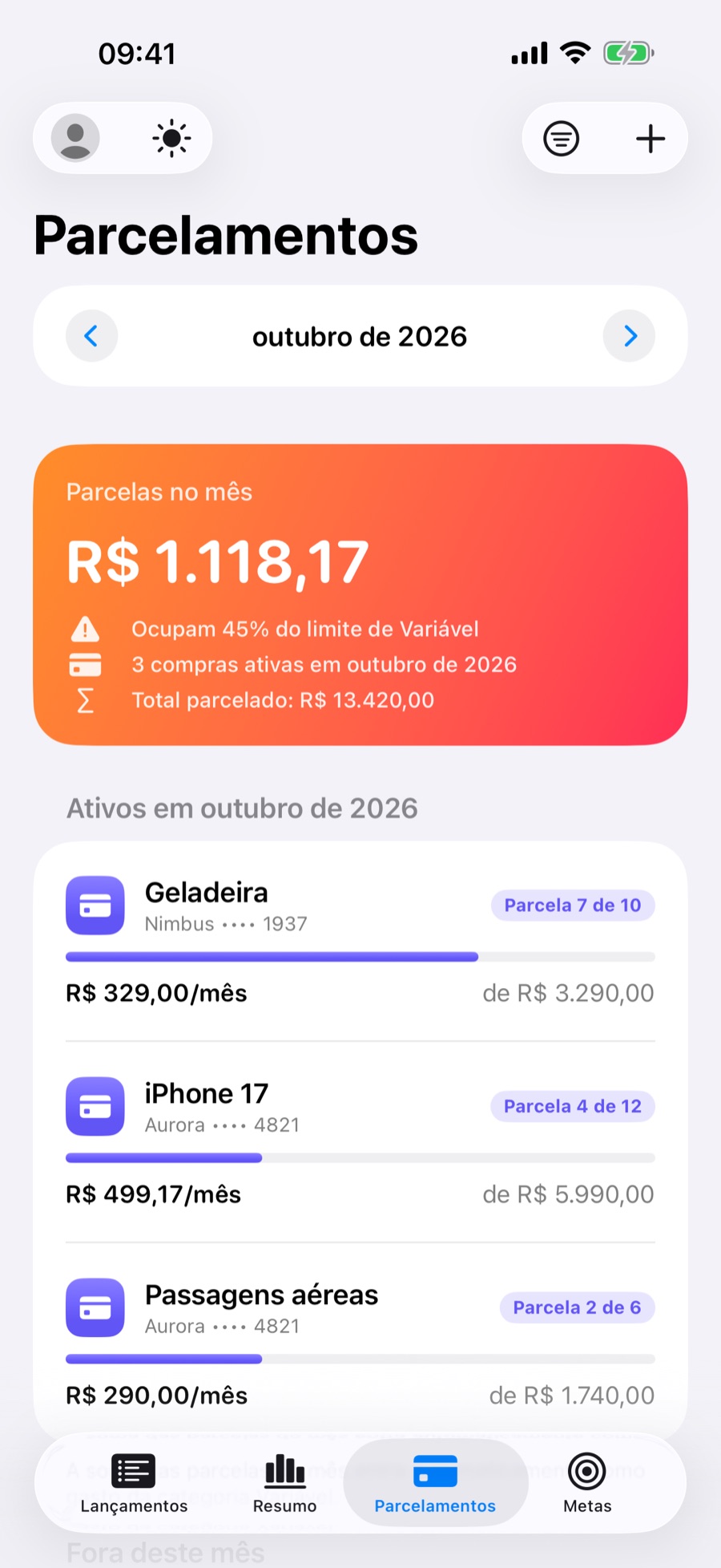 Aba Parcelamentos com as compras parceladas ativas no mês