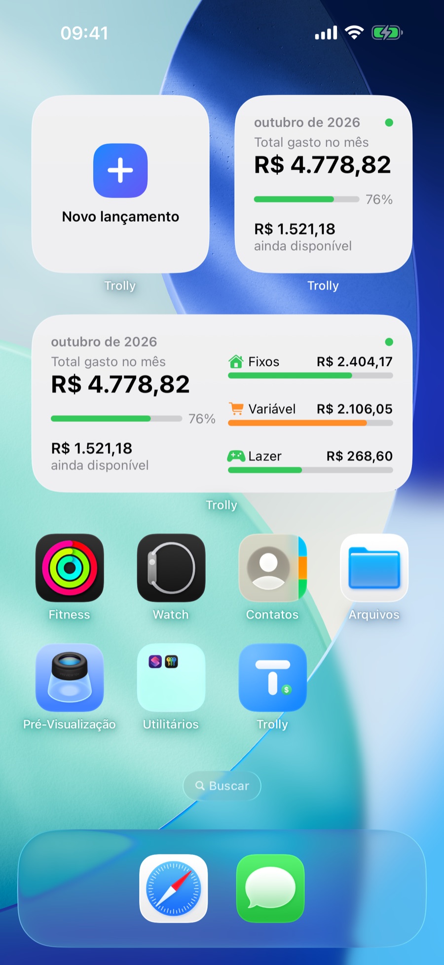 Tela de início do iPhone com os widgets do Trolly